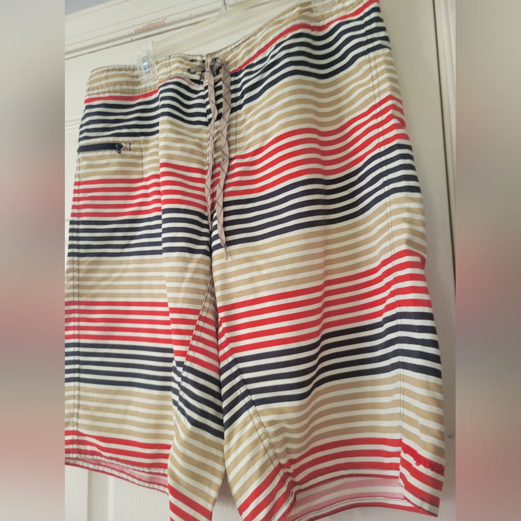 Patagonia Board Shorts Mens 35 Blue Red Striped Wavefarer Zip Pocket Swim